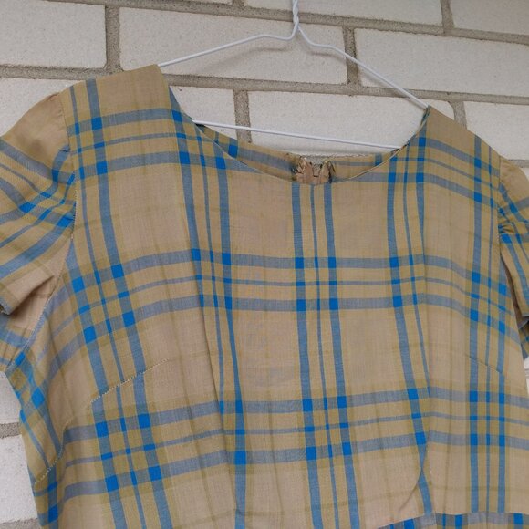 Vintage 50s Rockabilly Dress 41" Bust 33" Waist Khaki Blue Plaid Lightweight - Picture 3 of 12